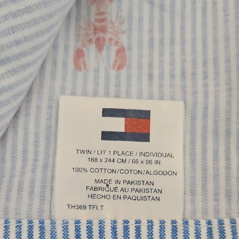 Tommy Hilfiger White Blue Stripes Red Nautical Lobster Cotton Twin Flat Sheet